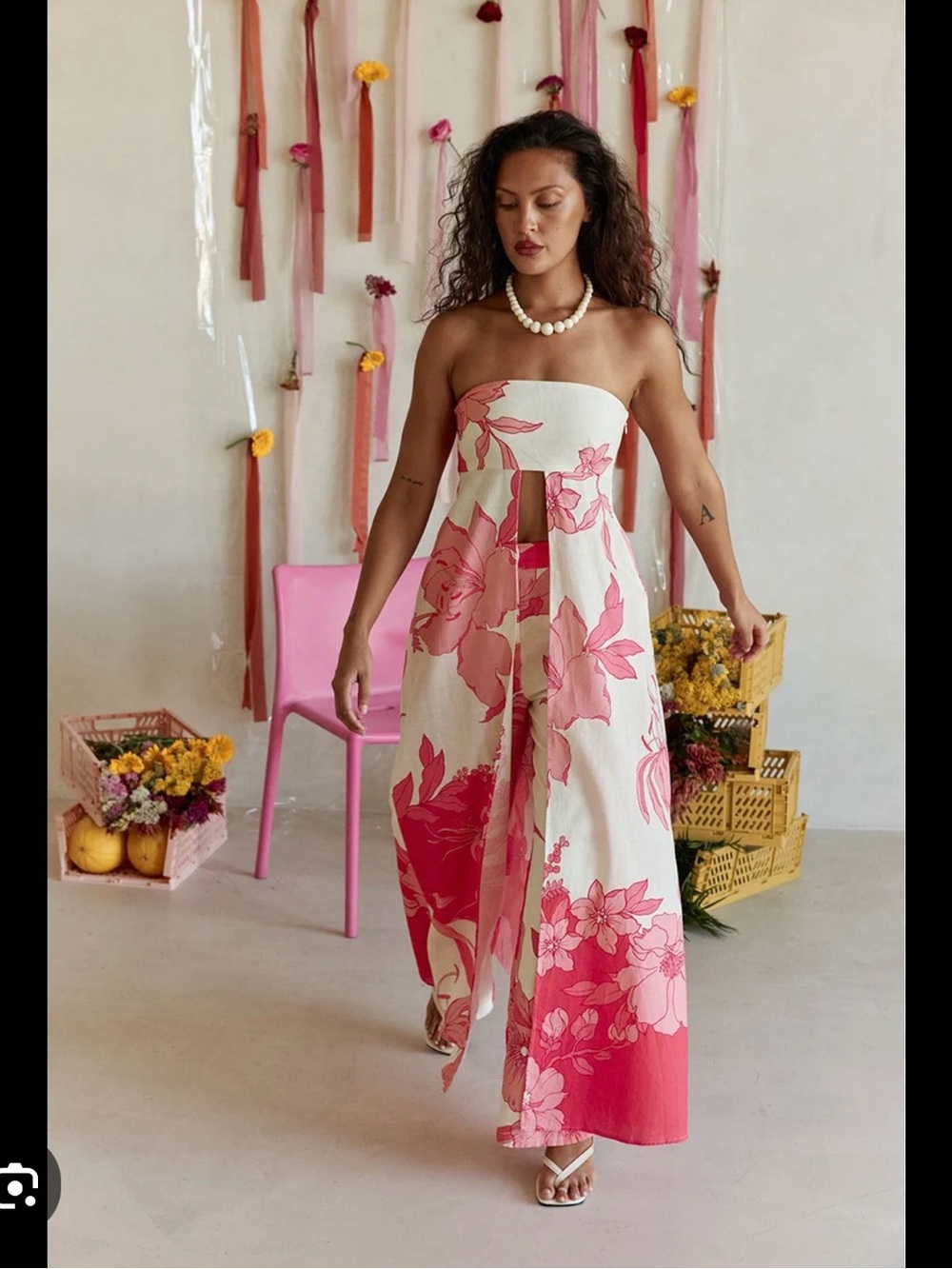 Sabo skirt Strapless Pink Floral Wide-leg pants and matching top